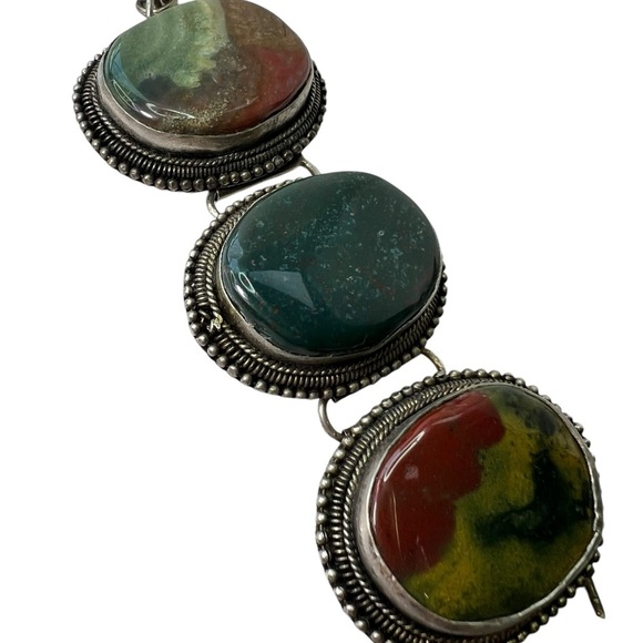 Vintage Multi Color Oval Cabochon Agate Stone Link Bracelet - Picture 3 of 10